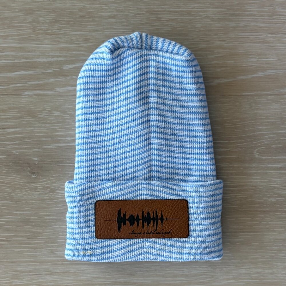 NEW I Love You A Bushel Cotton Baby Beanie Newborn Blue White Stripe Minimalist